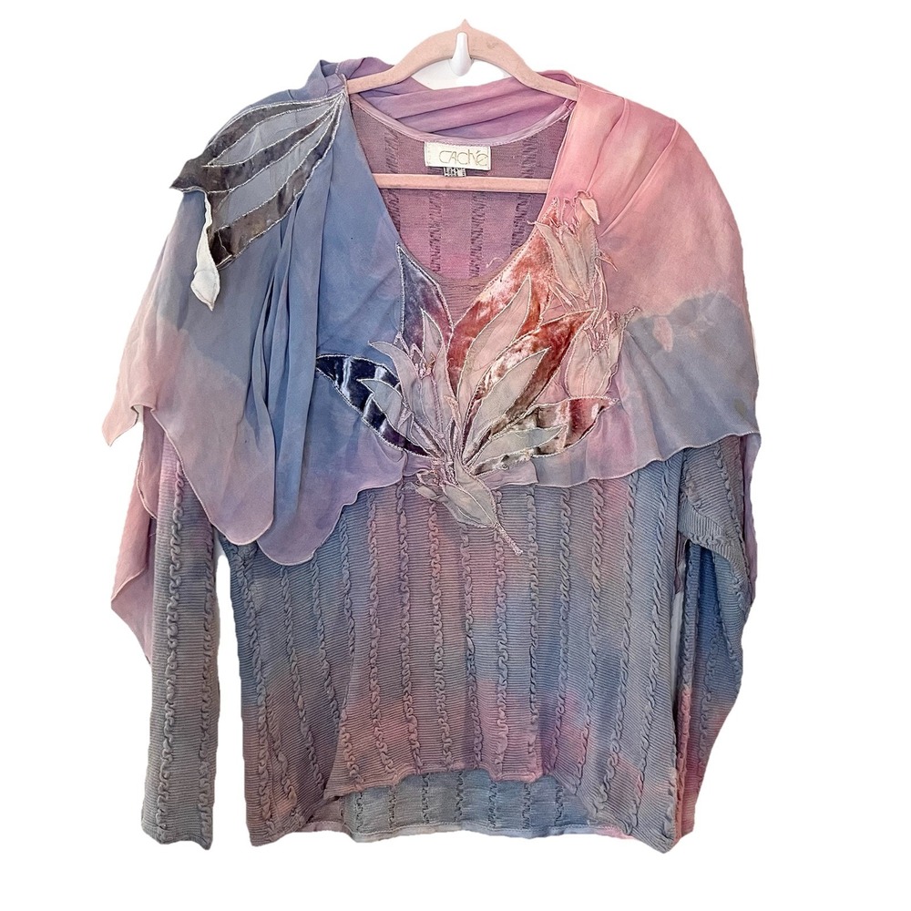 VTG 80s 90s Cache Tie Dye Fairy Mixed Media Long Sleeve Top Flower Applique OS